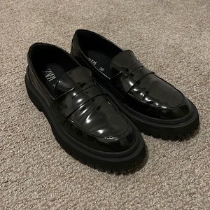 Zara Lug Sole Black Patent Loafers